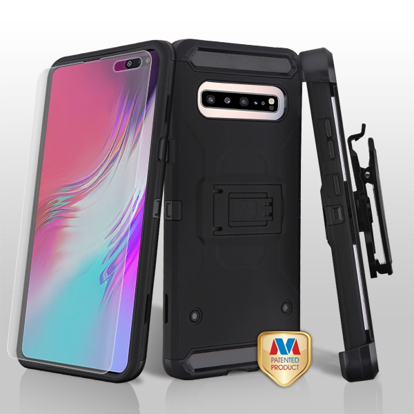 Picture of MyBat 3-in-1 Kinetic Hybrid Protector Cover Combo (with Black Holster)(with Full-coverage Screen Protector) for Samsung Galaxy S10 5G - Black / Black